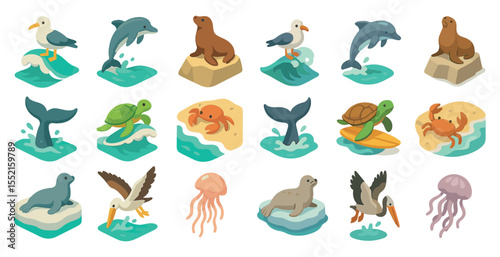 Marine animals flat icons set – aquatic, ocean life, and sea creature graphics