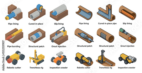 Pipeline repair isometric icons set – slip lining, trenchless, maintenance graphics
