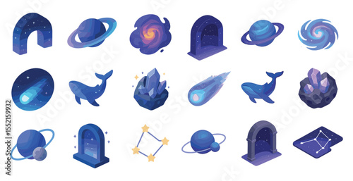 Space exploration icons set – 3d, cosmic, galaxy and universe symbols for design