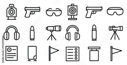 Shooting and target outline icons set – linear, flat, gun safety and range symbols