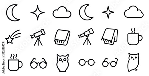 Weather and astronomy outline icons set – linear, celestial, nature symbols