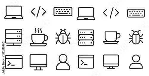Programming and coding line icons set – outline, tech, software development symbols