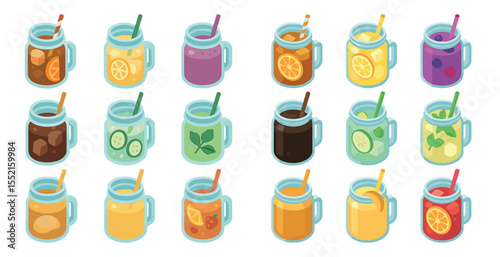 Refreshing beverage isometric icons set – drinks, smoothies, juice designs
