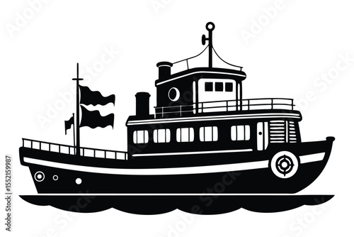 Black Silhouette of a TwoStory Fishing Boat with Flags Sailing on the Water