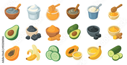 Natural ingredients isometric icons set – 3d, flat, avocado and honey illustrations