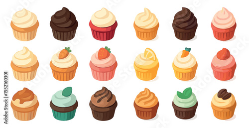 Cupcake isometric icons set – dessert, sweet treat, bakery themes