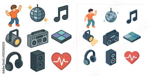 Music and dance icons set – isometric, 3d, party and audio visual elements