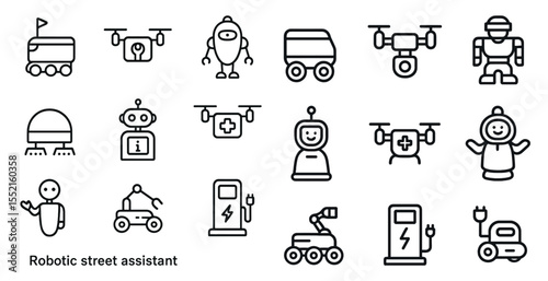 Robotic street assistant icons set – line, outline, technology and automation symbols