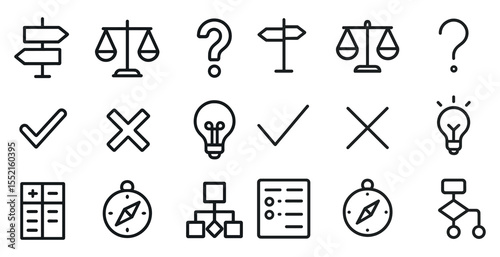 Navigation and decision linear icons set – compass, signs, direction symbols