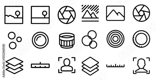 Photography outline icons set – flat, line, camera and lens symbols