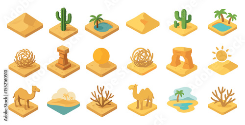 Desert and oasis icons set – flat, filled, travel and nature symbols