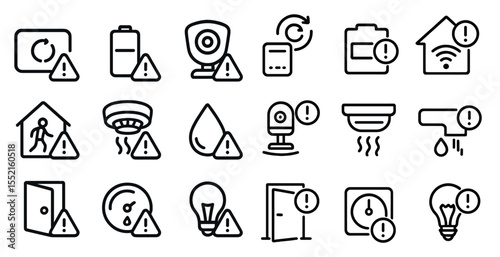 Home safety alert icons set – outline, linear, security and warning symbols