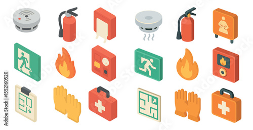 Emergency and safety isometric icons set – flat, solid, rescue and protection symbols
