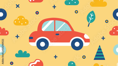 Vector art of a cute red car is featured in a seamless vector pattern with clouds and geometric shapes