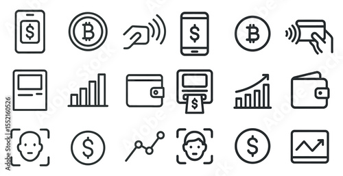 Financial and cryptocurrency outline icons set – wallet, payment, digital currency design