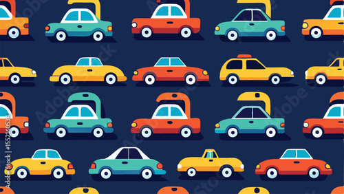 Vector art of a colorful seamless pattern of various cartoon cars is shown in a vector illustration