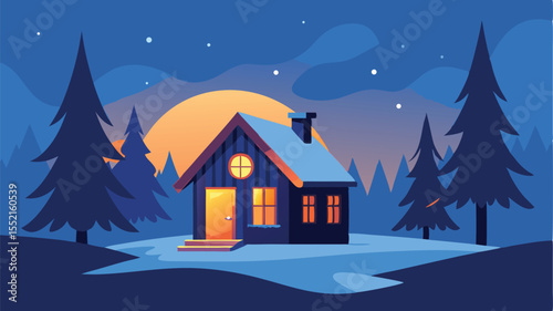 Vector art of a cozy cabin sits nestled in a snowy forest at night under a starry sky