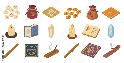 Nordic magic isometric icons set – mythology, rune, and ancient symbols