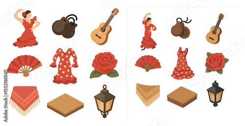 Spanish culture icons set – filled, solid, flamenco and traditional symbols