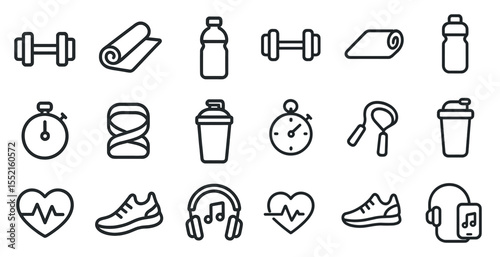 Fitness and gym linear icons set – health, outline, exercise and workout symbols