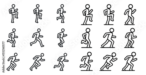 Running and fitness linear icons set – outline, silhouette, exercise and sport symbols