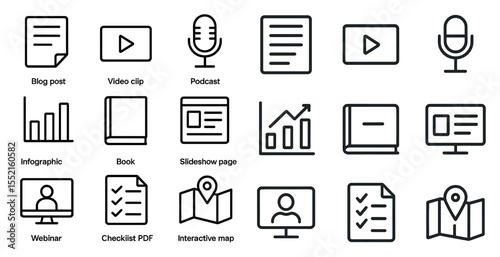 Content creation linear icons set – digital, outline, multimedia design symbols
