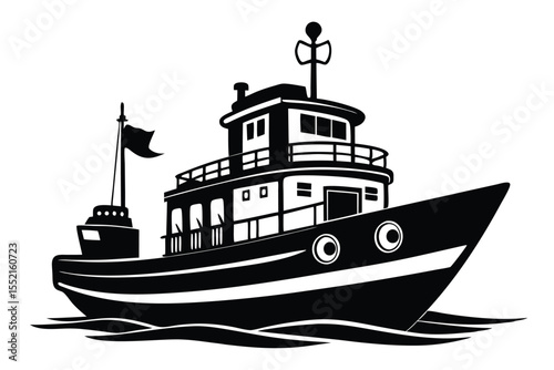 Silhouette of a Cartoon Fishing Boat with Flag Navigating Rippled Waters