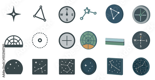 Astronomy and navigation icons set in flat style – constellation, compass, stargazing symbols