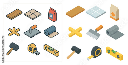 Construction and renovation isometric icons set – tools, equipment, home improvement symbols