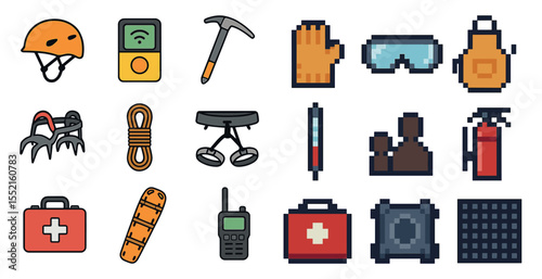 Outdoor adventure pixel art icons set – climbing, hiking, camping symbols