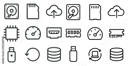 Data storage and cloud outline icons set – technology, hardware, digital backup symbols