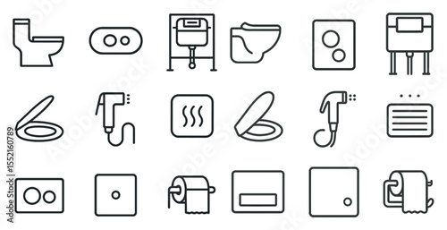 Bathroom fixtures line icons set – toilet, bidet, hygiene symbols in linear style