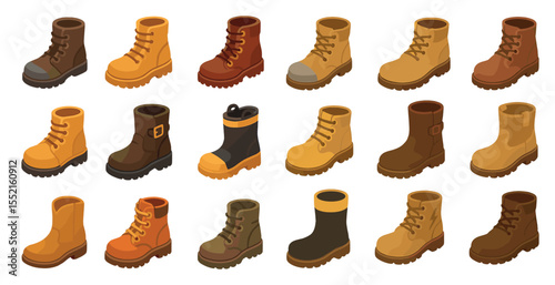 Hiking boots icons set – isometric, shoes, outdoor adventure graphics