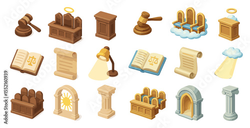 Justice and law isometric icons set – court, legal, judicial symbols