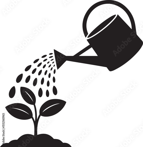 Black and white silhouette vector art of a watering can pours water onto a small plant