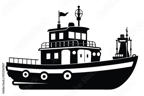 Silhouette of a Black and White Fishing Boat With Cabin and Antennas