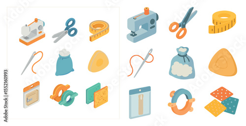 Sewing isometric icons set – 3d, flat, crafting and needlework graphics