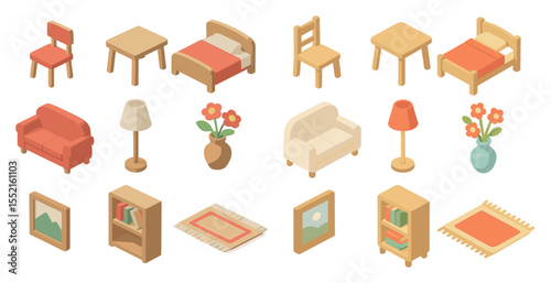 Home furniture isometric icons set – modern, interior, 3d decor symbols