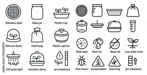 Kitchen gardening outline icons set – flat, solid, home planting and cultivation graphics