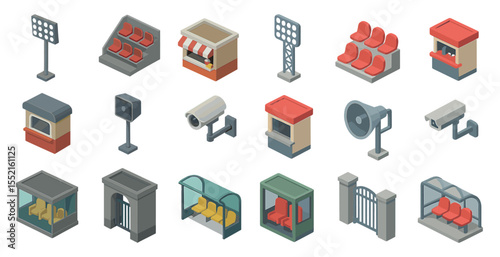 Public venue isometric icons set – seating, surveillance, street elements