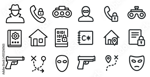 Spy and security icons set – outline, linear, surveillance and safety symbols