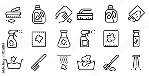 Cleaning tools outline icons set – solid, household, sanitation symbols