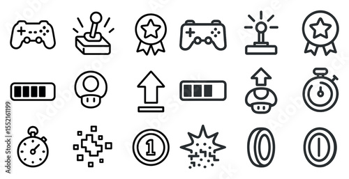 Gaming and entertainment outline icons set – linear, pixel art, fun symbols