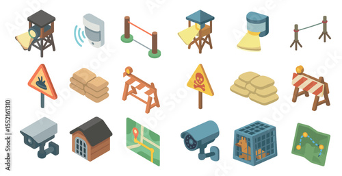 Security and surveillance icons set – isometric, safety, monitoring symbols