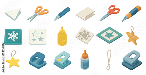 Craft tools isometric icons set – 3d, flat, diy and handmade essentials