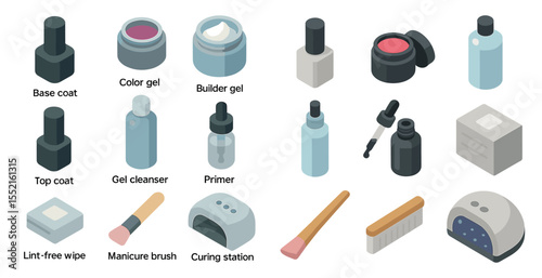 Nail care isometric icons set – 3d, beauty, manicure essentials visuals