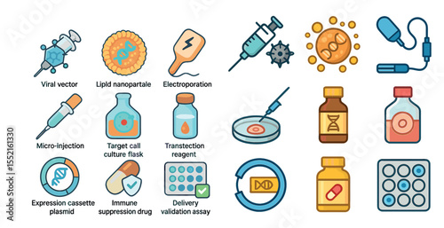 Gene therapy flat icons set – filled, solid, biotechnology and medical symbols