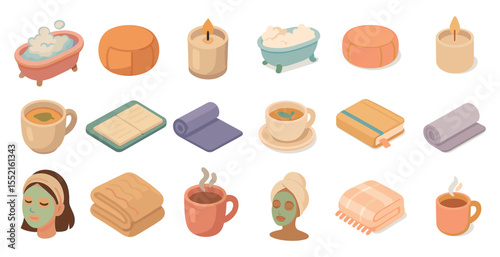 Wellness and relaxation icons set – isometric, spa, self-care, and mindfulness symbols