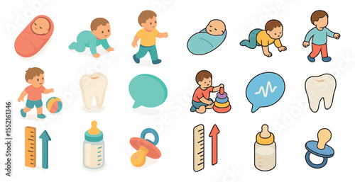 Child development isometric icons set – learning, growth, baby symbols