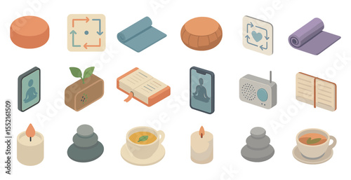 Mindfulness and meditation icons set – isometric, wellness, peaceful living symbols